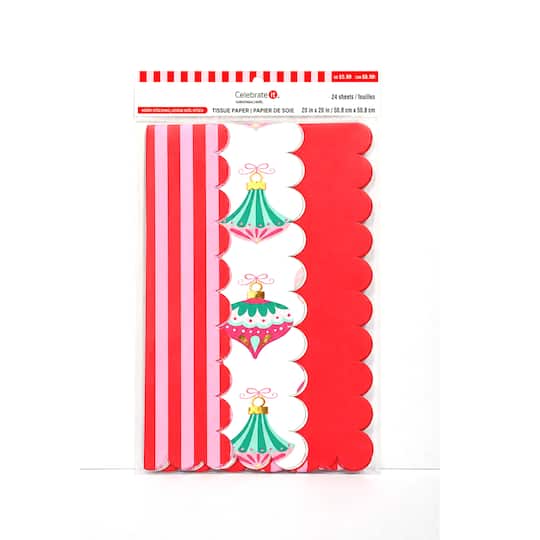Michaels, Red, Pink Stripes & Ornaments Scalloped Tissue Paper Sheets, 36ct. by Celebrate It™ – Category: Shred & Tissue